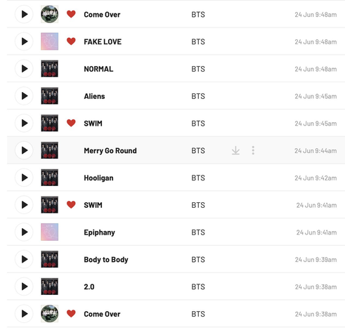Last.fm screenshot showing a list of BTS songs 
with timestamps very close to each other. 
In one case, 3 BTS songs being logged in the same minute.

