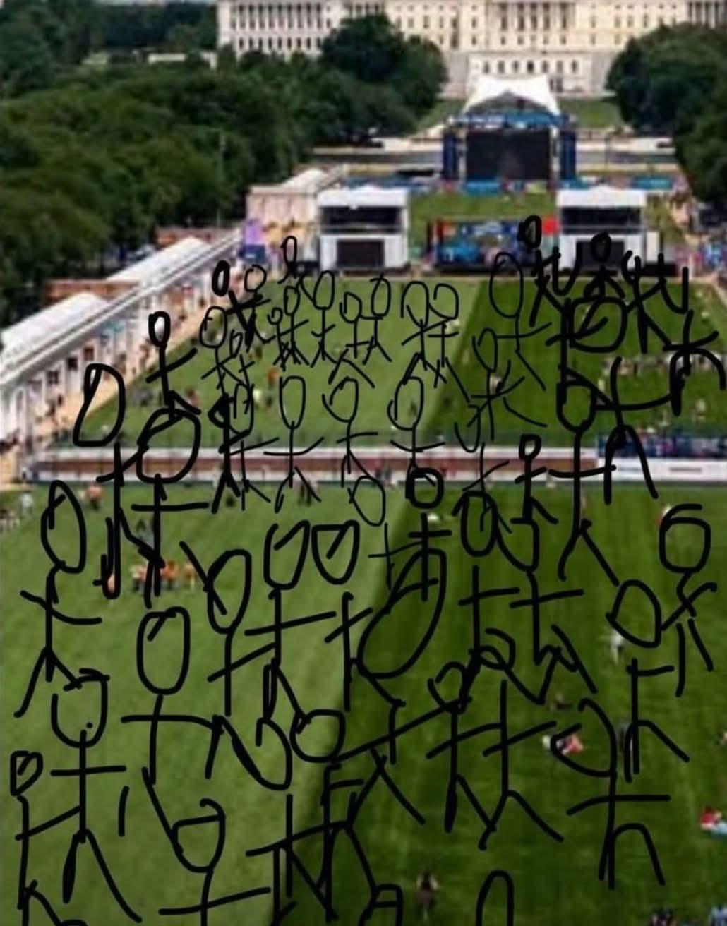 Picture of an empty Great American State Fair but with lots of stick people sharpied in