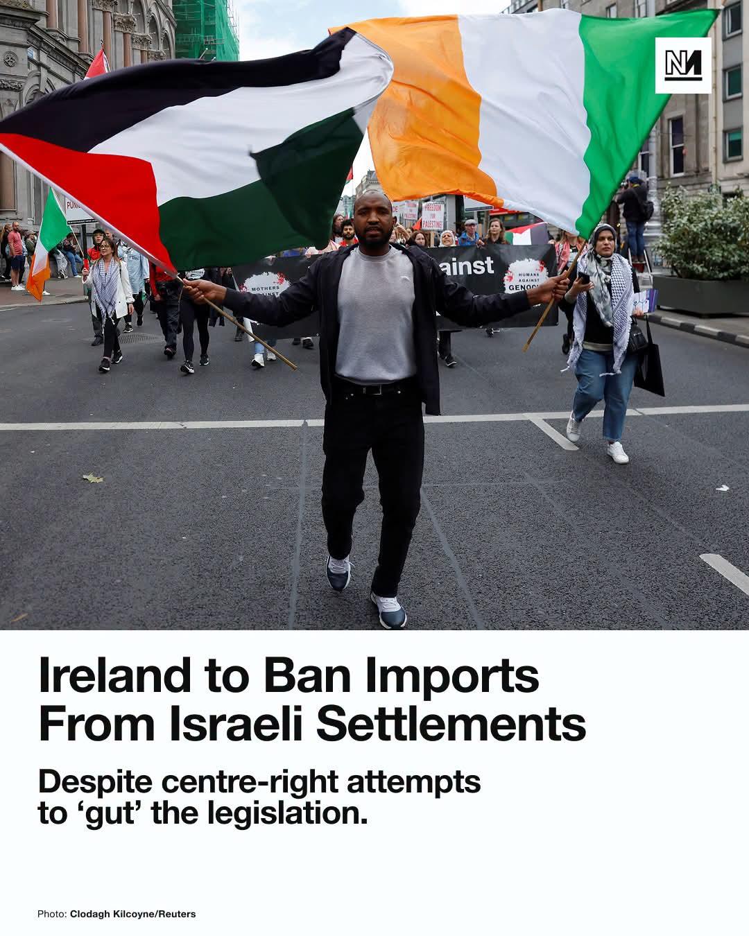 Picture of people on the street marching with Palestinian ans Irish flags and caption "Ireland to ban imports from Israeli settlements. Despite centre-right attempts to 'gut' the legislation". NOVARA MEDIA