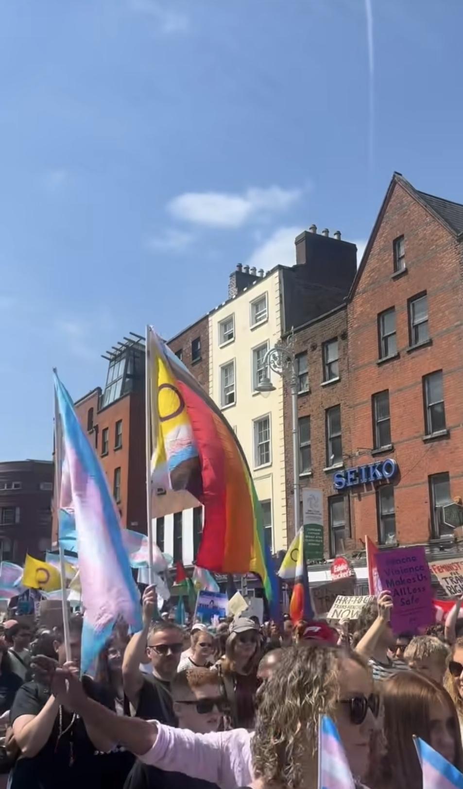 On a beautiful sunny day in a Dublin street, lots of people marching with lgbtqia and trans flags