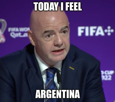 Image of Gianni Infantino at a press conference with the text "TODAY I FEEL ARGENTINA"