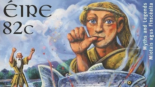 a postage stamp where a tiny bearded old man rails at Fionn of Irish myth sucking hid thumb