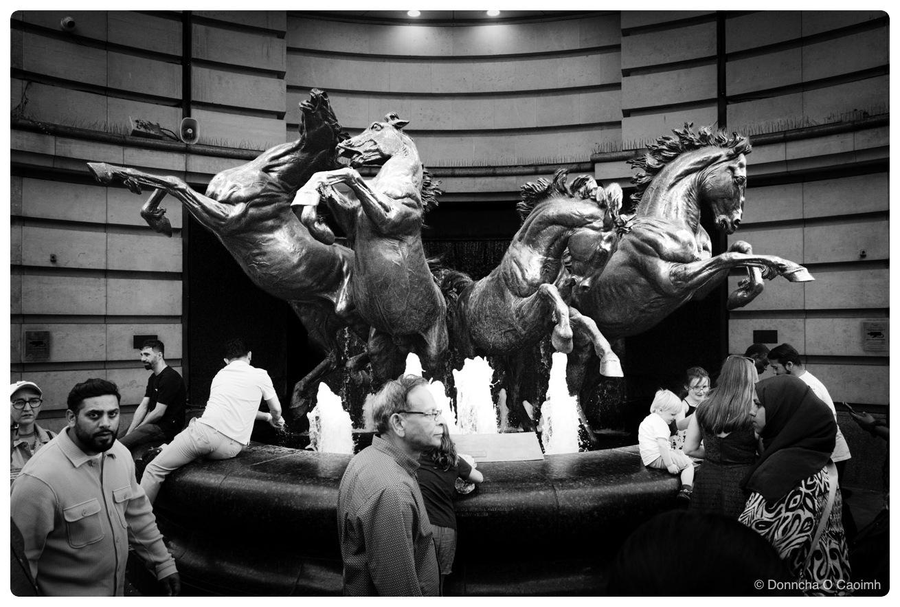 Four rearing bronze horses in a fountain, water jets rising around their hooves, set in a curved recess of a stone building, with people standing and sitting on the dark stone rim in front of them, in black and white.