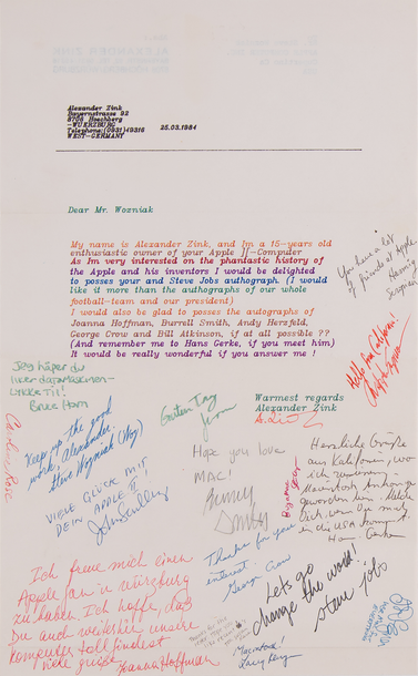 Ink signature of Steve Jobs, “Let's go change the world! steve jobs,” penned at the bottom of a typed letter from young German Apple enthusiast Alexander Zink dated March 25, 1984, one page, 7.25 x 11.75, rendered in alternating Apple Computer ‘rainbow’ colors and addressed to Steve Wozniak, requesting the autographs of Jobs, Wozniak, and other members of Apple Computer. In part: “My name is Alexander Zink, and I'm a 15-years old enthusiastic owner of your Apple II-Computer…As I'm very interest…
