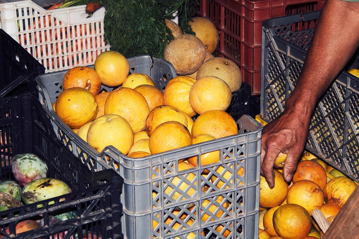 Detail of a market stall showing black, white and gray plastic crates filled with oranges and other fruit. The vendor's tanned and weathered hand and forearm extends into the frame on the right, reaching for an orange.