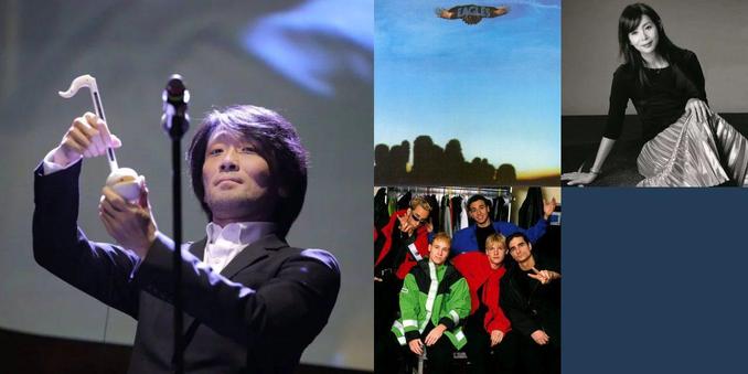 Collage of photos of the bands Masayoshi Soken, Eagles, 竹内まりや, Backstreet Boys, Rina