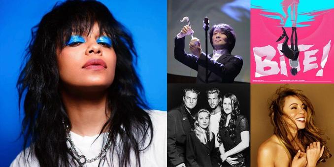Collage of photos of the bands Fefe Dobson, Masayoshi Soken, Sān-Z & HOYO-MiX, Ace of Base, Mariah Carey