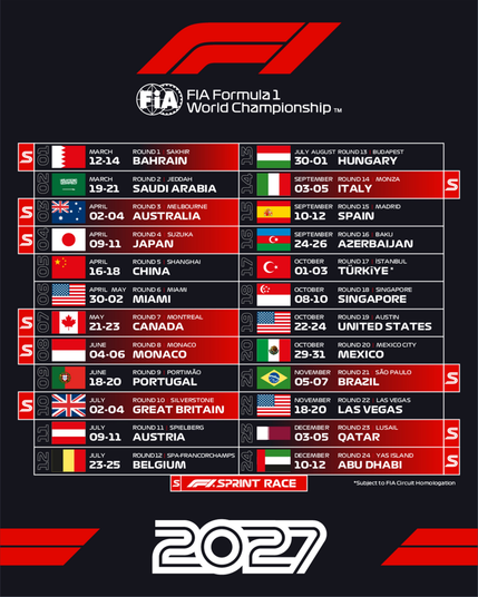 F1 Calendar for 2027 

* Round 1 - Bahrain - March 12th to 14th [Sprint Weekend (New)]
* Round 2 - Saudi Arabia - March 19th to 21st
* Round 3 - Australia - April 2nd to 4th [Sprint Weekend (New)]
* Round 4 - Japan - April 9th to 11th [Sprint Weekend (New)]
* Round 5 - China - April 16th to 18th 
* Round 6 - Miami - April 30th to May 2nd
* Round 7 - Canada - May 21st to 23rd [Sprint Weekend]
* Round 8 - Monaco - June 4th to 6th [Sprint Weekend (New)]
* Round 9 - Portugal - June 18th t…