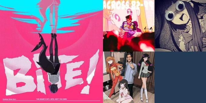 Collage of photos of the bands Sān-Z & HOYO-MiX, マクロスMACROSS 82-99, CHANCE デラソウル, Desired, Mikazuki BIGWAVE