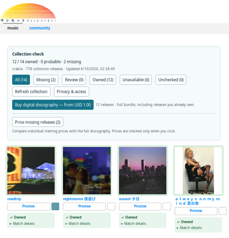 Screenshot of Bandcamp Collection Checker - It checks what you have purchased from artists/labels 
It shows the buttons to filter what you own, missing, owned or unavailable and a couple of buttons to buy the digital discography and price missing releases from the collection in case it is cheaper.

