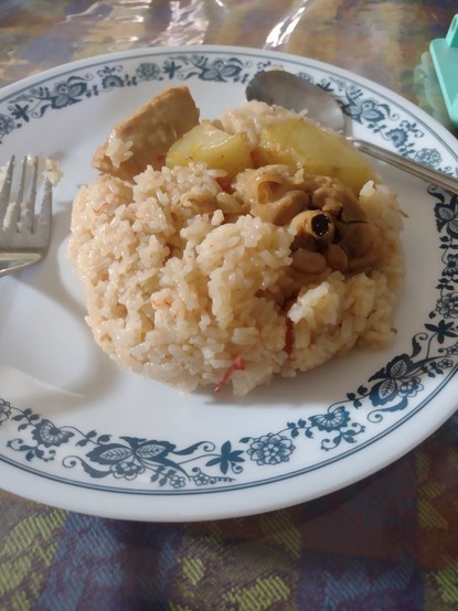 A plate of "aros balensiyana", a Filipino rendition of Arroz a la valenciana. It notably uses malagkit rice and coconut milk.