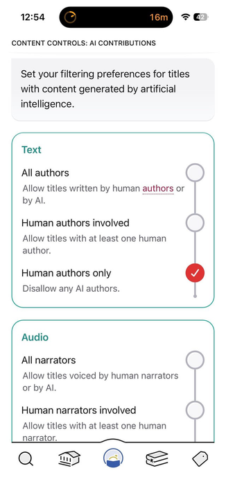 A screenshot from the Libby app showing how to turn off AI “authors”