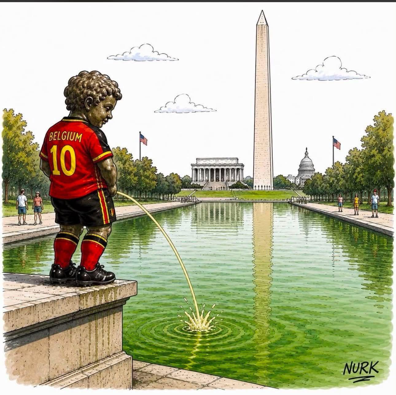 Manneken Pis pissar på USA eller åtminstone i the reflecting pool