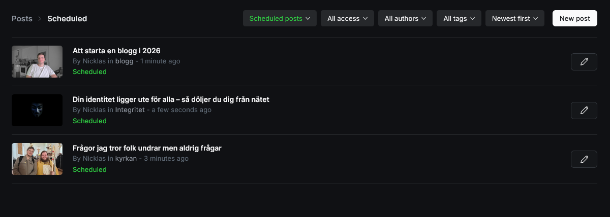 Schemalagda inlägg i Ghost dashboard