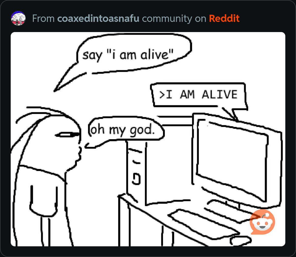 Person and computer dialogue:
- say "I'm alive"
- I'm alive 
- oh my god