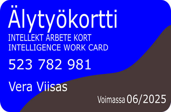 Kortti, jossa kortin nimi suomeksi, ruotsiksi (intellekt arbete kort) ja englanniksia (intelligence job card), kortin numero, henkilön nimi ja viimeinen voimassaolokuukausi.
