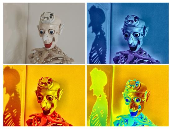 Neljän kuvan ruudukko. Kussakin puolilähikuva muovisesta luurangosta, jonka päähän lisätty silmät, korvat ja kieli, ja nyt otsaan tietokoneen prosessorin tuuletin. Vasemman ylänurkan kamera on luonnollisesti valotettu, muihin on laitettu jokin väripaletti, turkoosisävyjen viileästä dramaattiseen moniväritykseen. Paletit on tuotu kameraohjelmaan konenäköohjelma OpenCV:stä. Luurangon vasemman puolen hahmo on sen varjo kaapin ovessa.