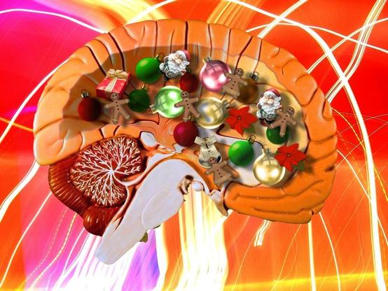 Muovinen aivojen puolisko, jossa sisäosa kaiverrettu ontoksi. Siinä kuopassa on erilaisia jouluesineitä - lahjapaketteja, piparkakkuhenkilöitä, kuusenkoristepalloja. Tausta on pääosin punainen, jossa valkoisia kaaria.