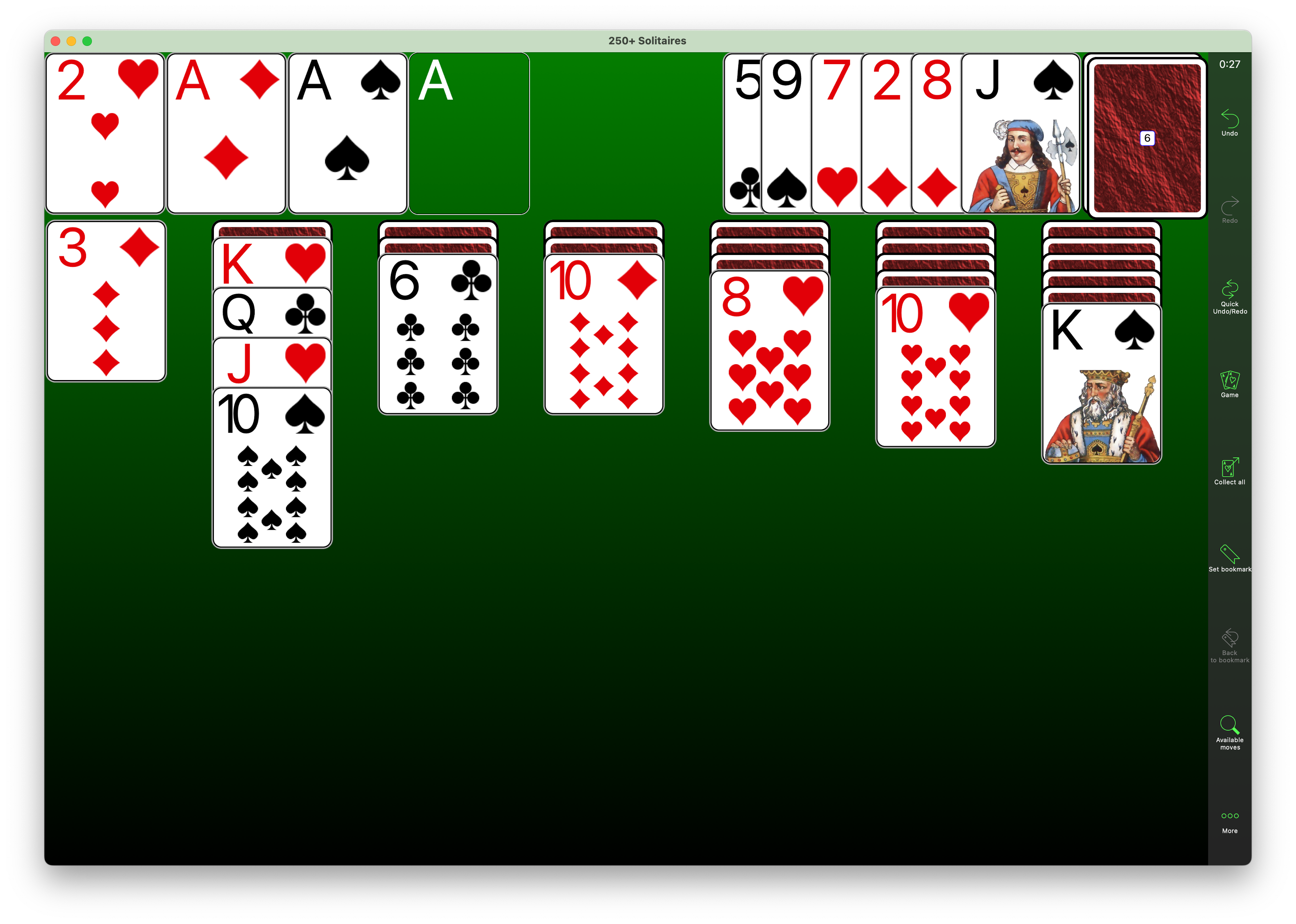 250+ Solitaires -pasianssipeli. Klondike-peli kesken.