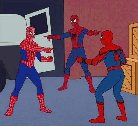 Three spidermans pointing at eachother…