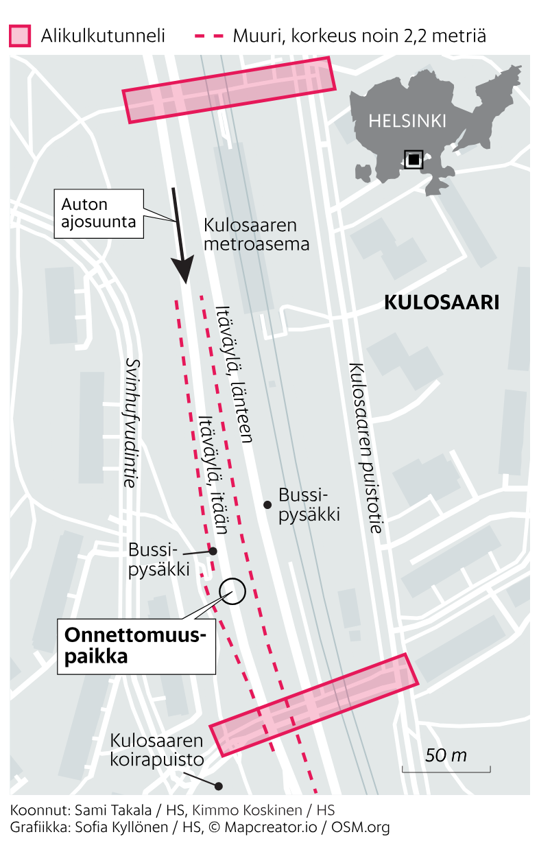 Helsingin Sanomien kartta onnettomuuspaikasta, jossa vasemmanpuoleinen, ylhäältä alas kulkeva ajorata on merkitty "Itäväylä itään" ja oikeanpuoleinen, alhaalta ylös luonnollisesti "Itäväylä länteen".