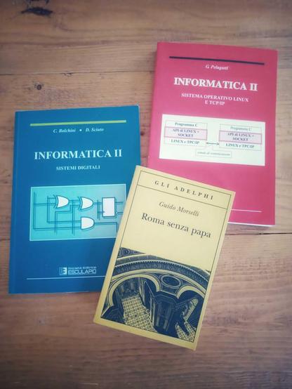 Tre libri su un tavolo di legno:

- "Informatica II" di C. Bolchini e D. Sciuto
- "Informatica II" di C. Pelagatti
- "Roma senza papa" di Guido Morselli