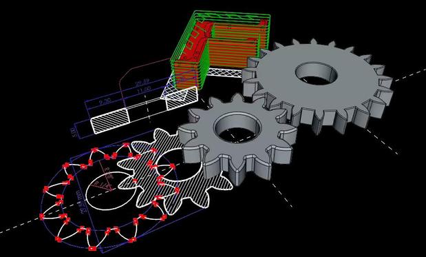 An image of modeled gears using FreeCAD.