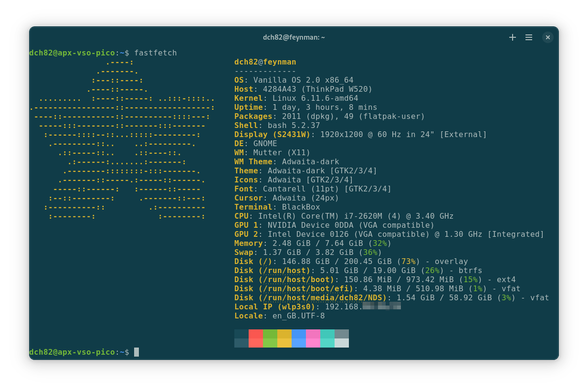 A FastFetch reading for my computer.

I use a Thinkpad W520 on Vanilla OS 2.0