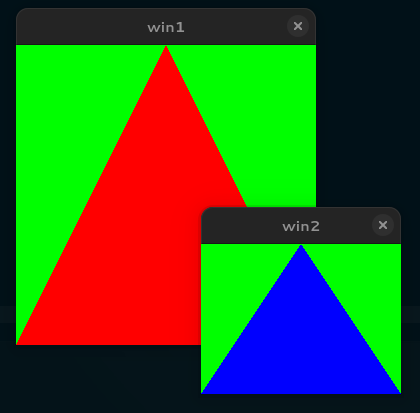 A screenshot of two windows, a larger one with a red triangle over a green background, and a smaller one with a blue triangle over a green background.