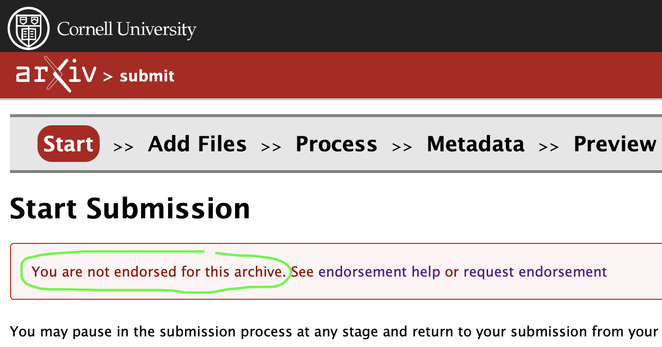 A screenshot from arXiv.org indicating a need for archive endorsement.