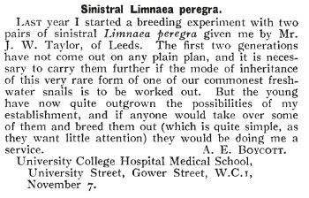 LAST year I started a breeding experiment with two pairs of sinistral Limnaea peregra given me by Mr. J. W. Taylor, of Leeds. The first two generations have not come out on any plain plan, and it is necessary to carry them further if the mode of inheritance of this very rare form of one of our commonest freshwater snails is to be worked out. But the young have now quite outgrown the possibilities of my establishment, and if anyone would take over some of them and breed them out (which is quite simple, as they want little attention) they would be doing me a service.