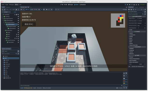 🕶️ Its user interface (v. 4.4, with a dark theme on my Linux PC) with godot-sokoban, a 3D Sokoban game available from its interface. Under Godot, numerous windows and parameters are displayed on both sides of the screen.

📚️ Godot Engine is a high-performance, libre (very permissive MIT license, no hidden fees), multi-platform 2D and 3D game engine and IDE, extremely feature-rich with a vast set of tools, enabling the developer to create his multi-platform game from scratch without requiring any external tools other than the usual content creation tools (graphics and sound; it includes a tile map editor), and to concentrate on his game without having to reinvent the wheel. It also features an intuitive scripting language (GDScript, inspired by Python and other languages) and can be used with most programming languages.