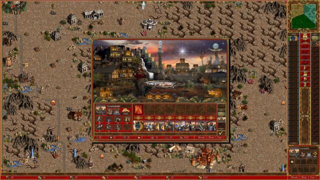 🕶️ In the background a bird's eye view of a landscape map with monuments, ancient buildings and what appear to be monsters, in the foreground and to the right the command interface and in the center the fantasy units and the counting of available resources.

📚️ Heroes of Might and Magic III (Heroes of Might and Magic III: The Restoration of Erathia, Heroes III, HoMM3) is the 3rd installment of a series of medieval fantasy turn-based strategy games released in 1999, in which the player leads a number of heroes commanding their legion of creatures in a crusade to help Queen Catherine Ironfist reclaim her lands conquered by hordes of undead led by Gryphonheart, her late father, former King of Erathia, who was murdered by traitors and resurrected as the undead. VCMI is a libre, multi-platform, compatible and improved engine (high resolution support, advanced and easy mod support, random map generator, zoom, ...).