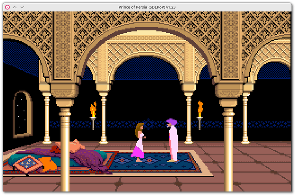 🕶️ A view of his IU (v. 1.23 on my Linux PC) at the start of the game (cinematic) and in a side view where we see the Grand Vizier Jaffar in his palace, in the princess's room, standing facing her on a large carpet, and telling her that he has given her 1 hour to decide: marry him or die.

📚️ Prince Of Persia is a free (not libre, rights belong to Ubisoft) platform action-adventure game published in 1989 (Jordan Mechner, for the studio Brøderbund) in which the Prince has just one hour to escape from the palace gaols where he is being held by the Grand Vizier Jaffar, before the ultimatum he has set for the Princess - the Prince's lover - expires, at the end of which he will have her executed if she doesn't marry with him. SDLPoP (formerly “David's open-source port of PoP”) is a libre, multi-platform, enhanced engine. It comes complete with data (no additional installation required). This SDL port brings tons of improvements, including the ability to mod it. Excellent!