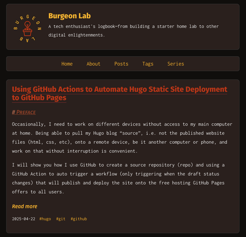Screenshot of latest blog post regarding github actions and automating free hugo blog deployment to github pages.