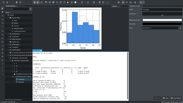 Screenshot of LabPlot graph with distribution fitting