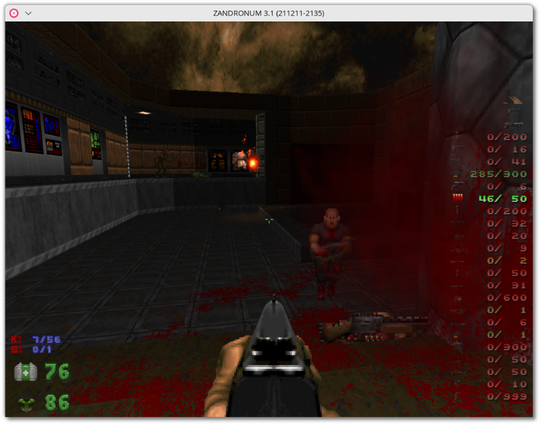 🕶️ An FPS view with the libre Freedoom 2 dataset + Brutal Doom v.2.1 mod + Zandronum v.3.1. I'm facing a Zombieman, while in the distance an Imp is firing at me.

📚️ Zandronum (contraction of ZDoom, Andromeda and Infernum, ex Skulltag!) is a libre, multi-platform Doom 1 and 2 engine, geared towards multiplayer gaming (up to 64 players). It offers a wide range of game modes and modifiers (Instagib, Buckshot, ...), and is compatible with Heretic, Hexen & Strife games, as well as with the many GZDoom mods and Skulltag mods from which it originates. It supports skins and the Announcer system (an on-screen / in-game announcement / reward system based on player performance), Runes, new weapons and monsters, custom bots, ...