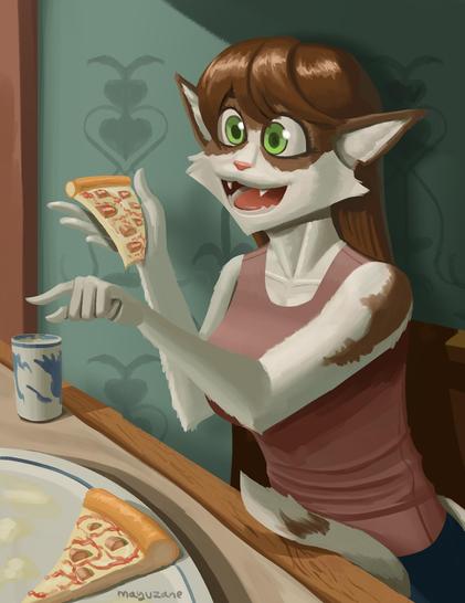 A digital painting of a brown and white cat-woman with green eyes pointing offscreen while enjoying some pizza in a green room. She is smiling. The pizza is a sliced-sausage type of pizza.