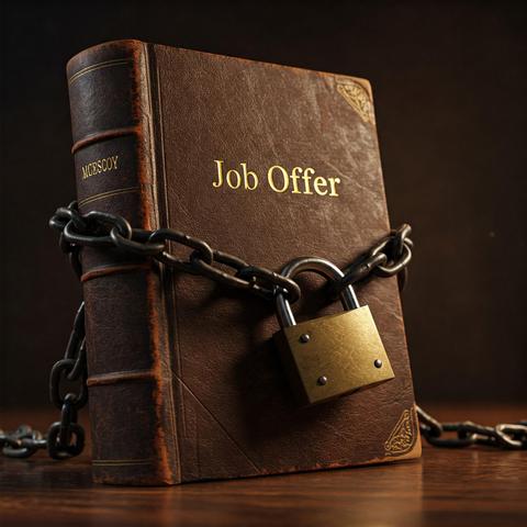 Ein gebundenes Buch mit dem Titel "Job Offer" ist mit einer schweren Kette und einem Vorhängeschloss verschlossen. Es liegt auf einer dunklen Holzoberfläche vor einem unscharfen, dunklen Hintergrund. Die Ketten winden sich mehrmals um das Buch und das Schloss sichert sie.