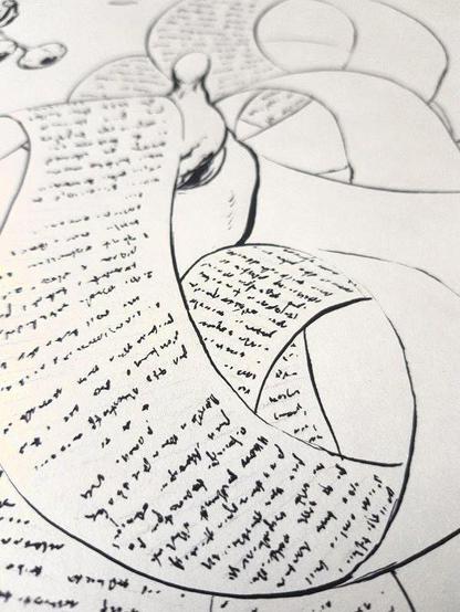 photo of ink drawing WIP with a lot of doodles looking like letters