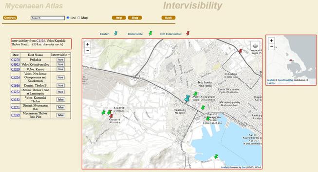 The intervisibility screen.  Starting at the blue push-pin; the red pins are NOT intervisible with the blue pin.  The green pins ARE intervisible with the blue pin.  If you click on one of the buttons on the right of the table then you will see an intervisibility analysis from the origin (blue push-pin) to the target (one of the red or green pins).