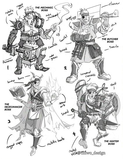 4 character sketches resembling The Boss from MGS