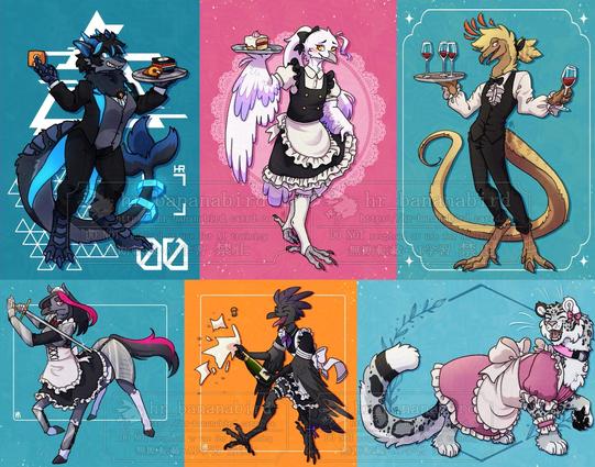 Several anthro characters like birds and snow leopards wearing maid and butler outfits, meant for commission examples.