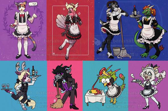Several anthro characters like birds and cats and goats wearing maid and butler outfits, meant for commission examples.