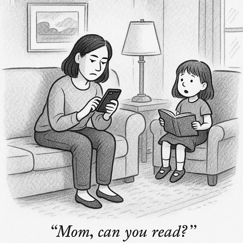 A black-and-white cartoon drawing in the style of The New Yorker shows a mother sitting on a sofa, deeply focused on her smartphone. In the background, her young daughter sits on an armchair holding an open book on her lap, looking at her mother. The caption beneath reads in italics: “Mom, can you read?”