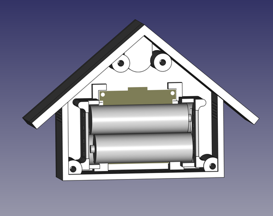 Front view of the enclosure with the front panel off.

You can see the thermometer PCB behind a 2×AA battery compartment. Four screw posts are visible that allow securing the front panel.

The enclosure is shaped like a classic house with a rectangular base and a pointed roof, overhanging on three sides.