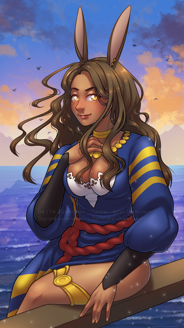 A bunny girl wearing a blue dress with gold accents and gold jewelry sitting on a fence, with a sunset colored sky and sea behind her