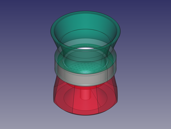 A screenshot from FreeCAD, showing the stand and funnel extension, different angle, with the extension and stand now transparent, so the sieve is visable.