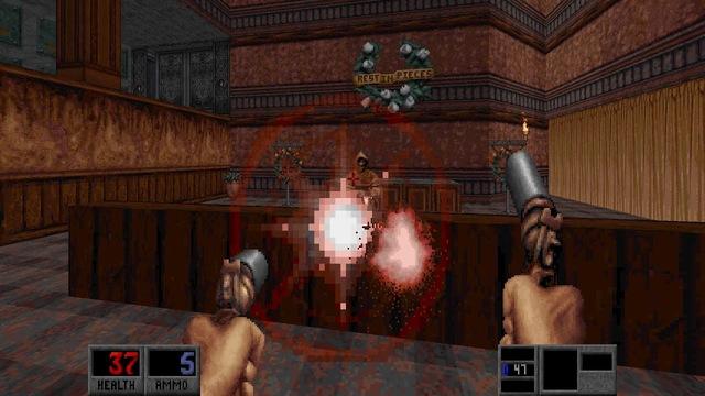 🕶️ An FPS view where the player is in a church (a wreath of flowers can be seen hanging with the words ‘Rest in Pieces’ on it, not ‘Rest in Peace’) - armed with 2 grenade launchers, fires at a monk, but the grenades seem to explode on the low wooden wall between them.

📚️ Blood is an FPS on a horror / gore theme (released in 1997, then re-edited in 1998) in which the player embodies Caleb who sold his soul to an evil god, who later betrayed him / kill. Coming back from the dead, Caleb is determined to make him pay for it by letting his thirst for revenge speak ... NBlood is a modern, multi-platform, single-player / multi-player game engine resulting from an evolution of the EDuke32 engine to adapt it to Blood, also compatible with "Cryptic Passage" DLC. It offers software rendering and OpenGL, FM OPL3 emulation, & DEF (scripts) / HRP (High Res Pack) support.