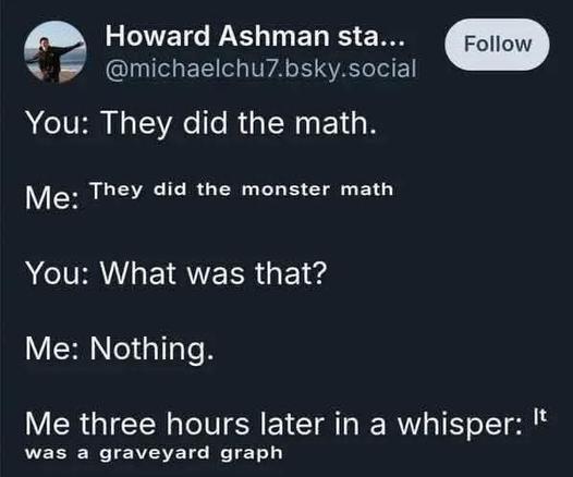 Image: Meme from @michaelchu7.bsky.social

"You: They did the math.

Me: They did the monster math

You: What was that?

Me: Nothing.

Me three hours later in a whisper: It was a graveyard graph"